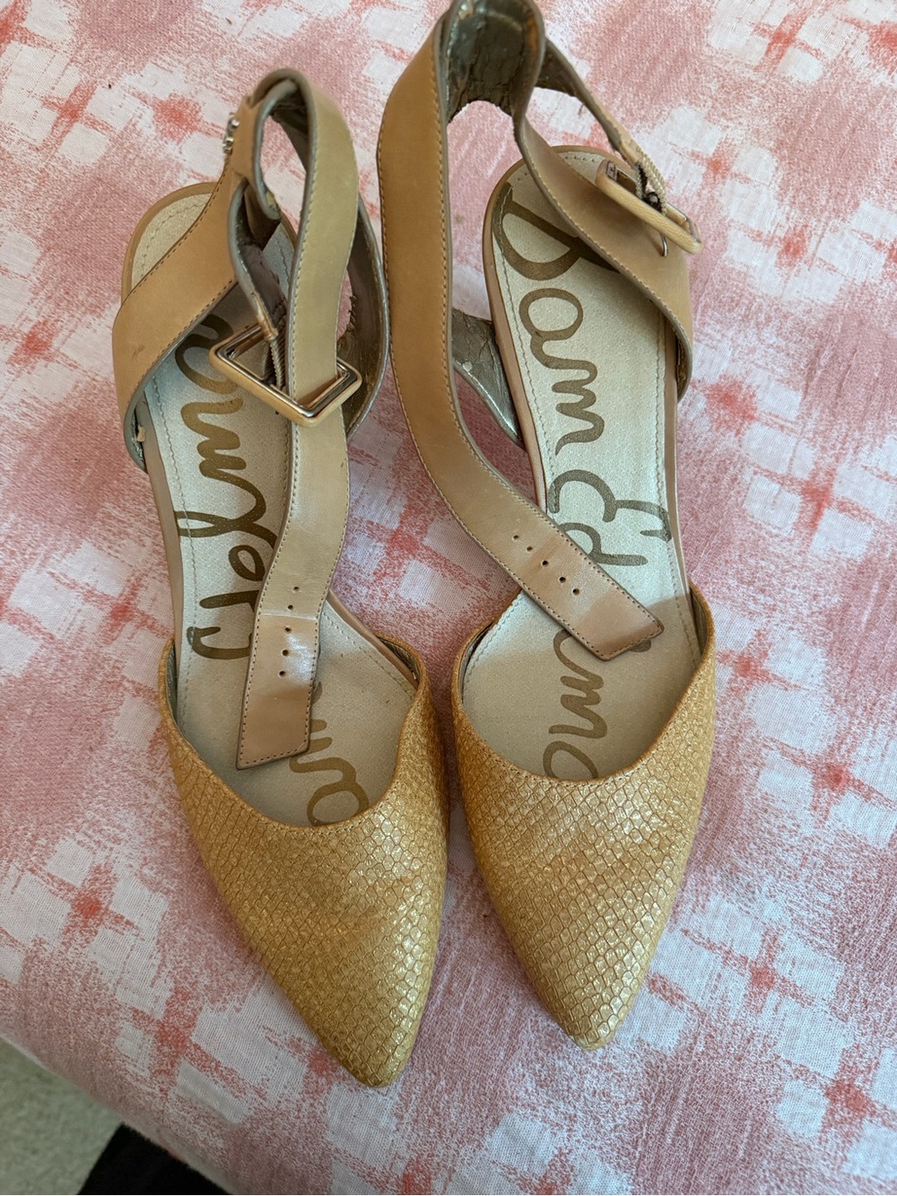 Sam Edelman Tan & Gold Pointed Slingback Flats